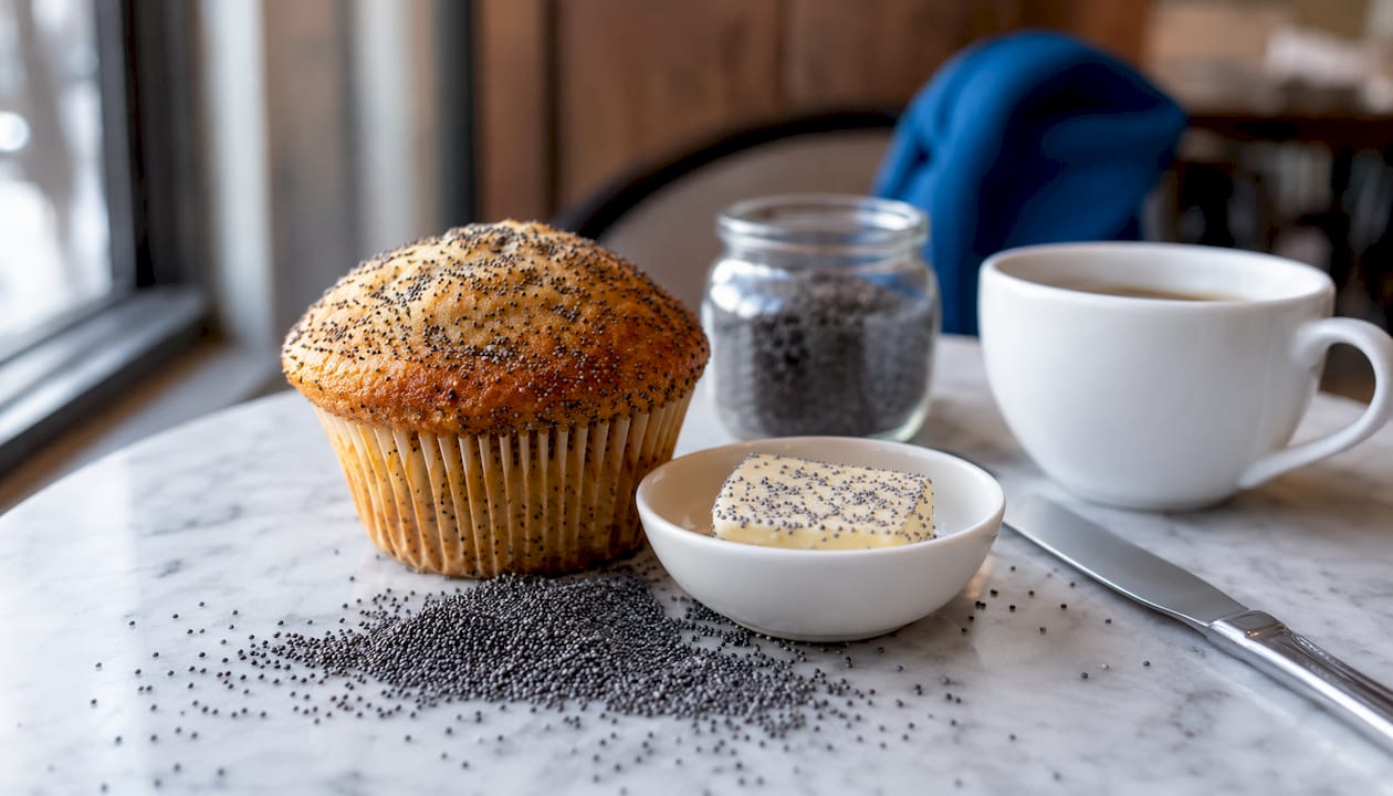 Close-up of poppy seed bagels and raw seeds