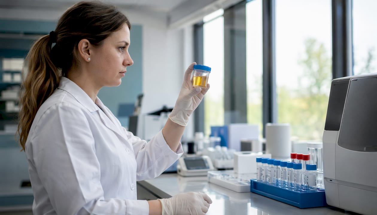 Lab technician examining urine sample vial