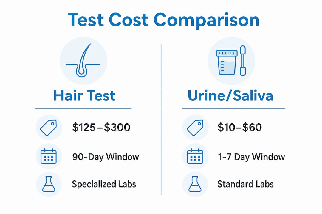 Infographic comparing hair test costs with urine and saliva tests