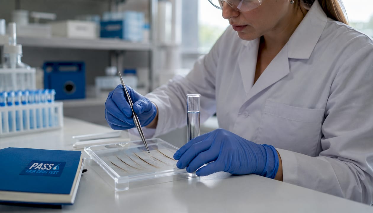 Lab technician preparing hair sample for drug test