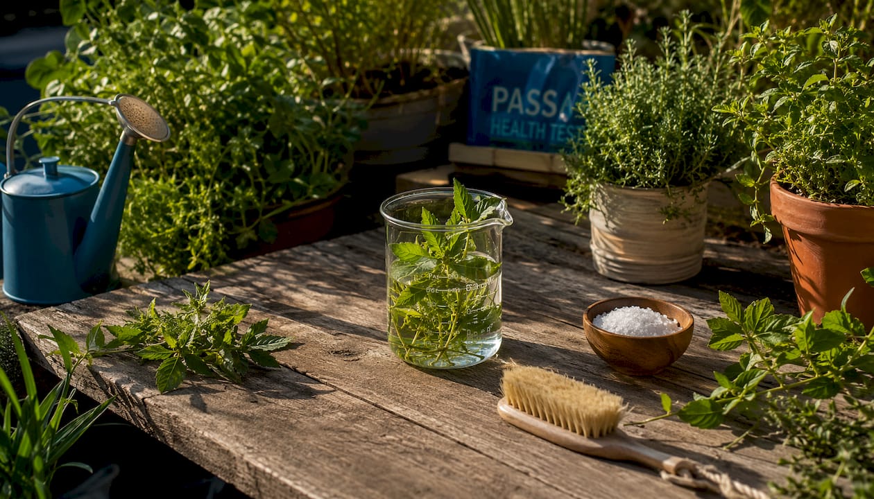 Glass beaker with green leaves and natural detox tools on wood