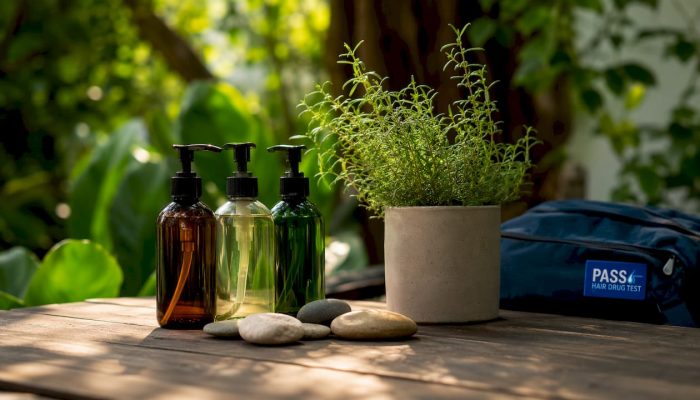 Detox shampoo bottles with natural elements on vanity