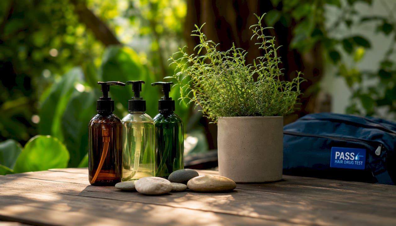 Detox shampoo bottles with natural elements on vanity