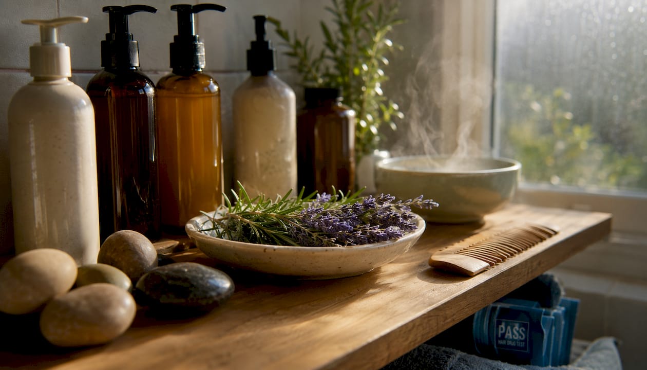 Natural hair care products on rustic counter