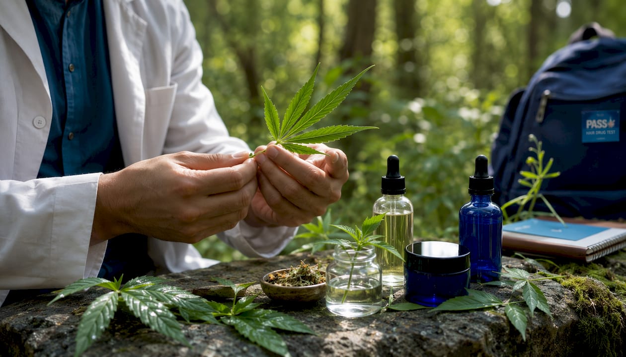 Hands holding hemp leaf with nature elements