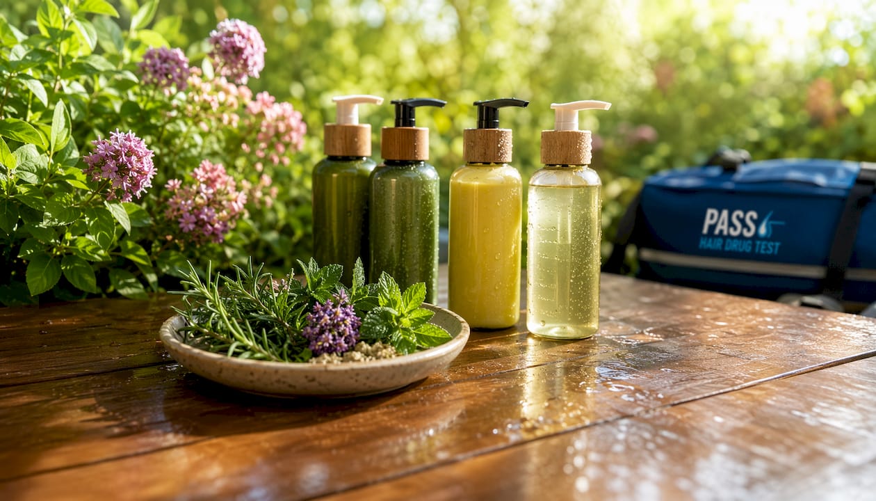 Bathroom counter with Aloe Rid shampoo and plant