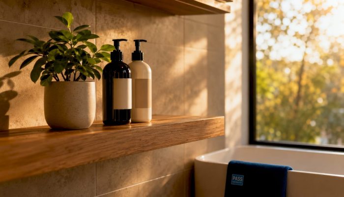 Natural shampoo bottles with green plant on bathroom shelf