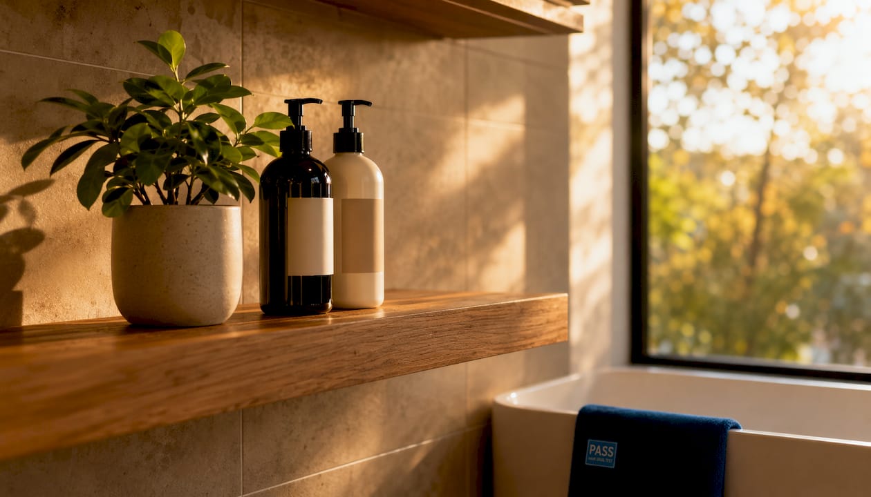 Natural shampoo bottles with green plant on bathroom shelf