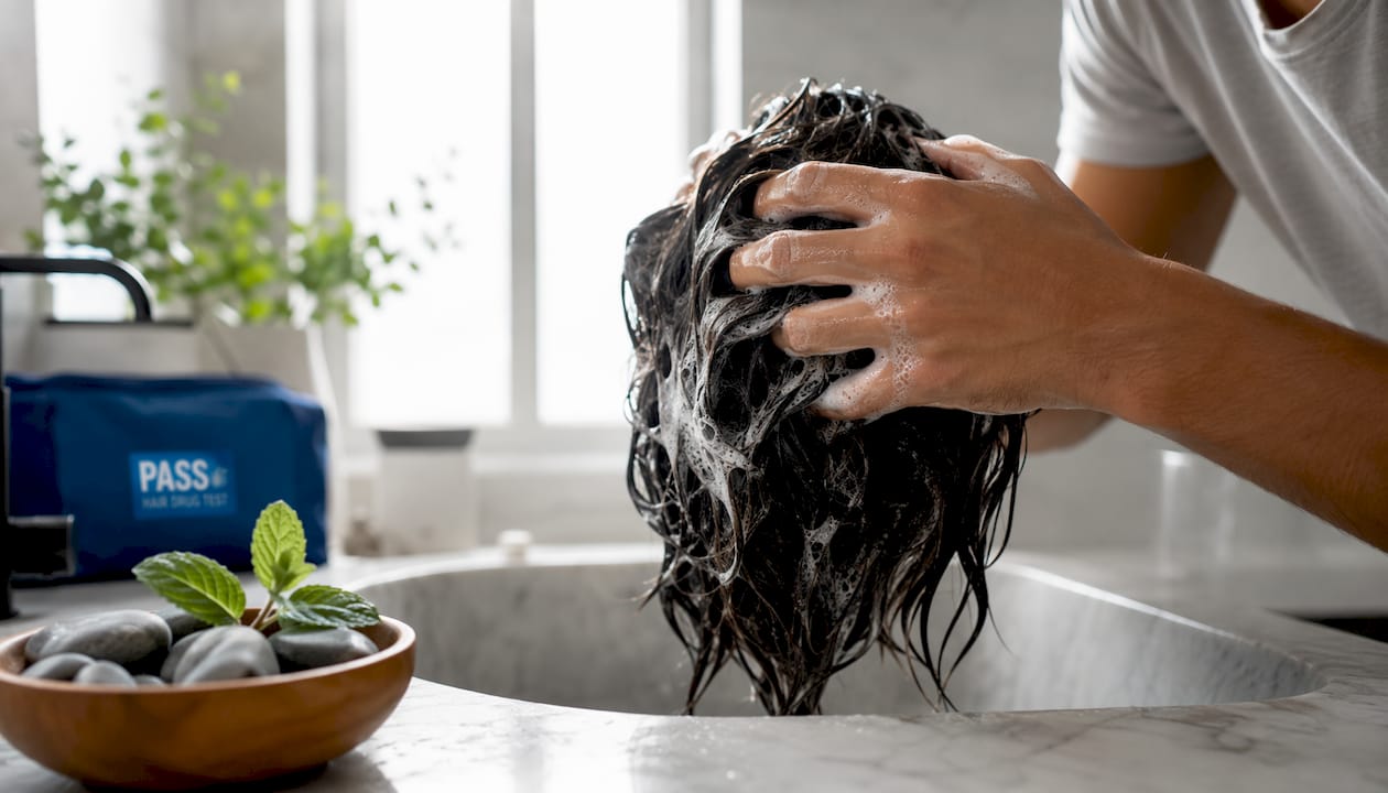 Hands applying shampoo foam to hair in natural bathroom