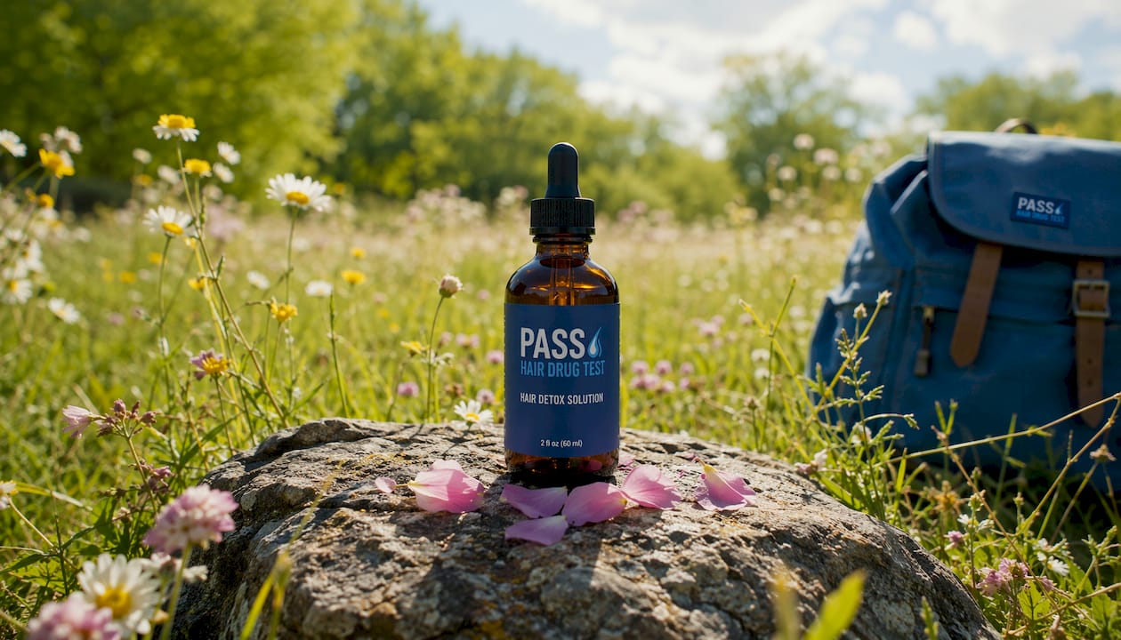 Hair detox bottle in natural forest setting