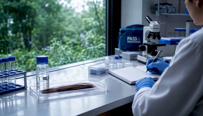 Laboratory workspace with hair sample and sunlit garden outside