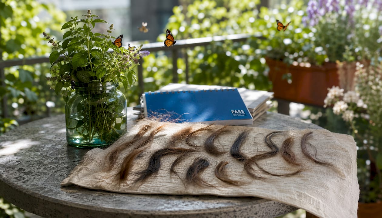Natural outdoor table with hair samples and plants