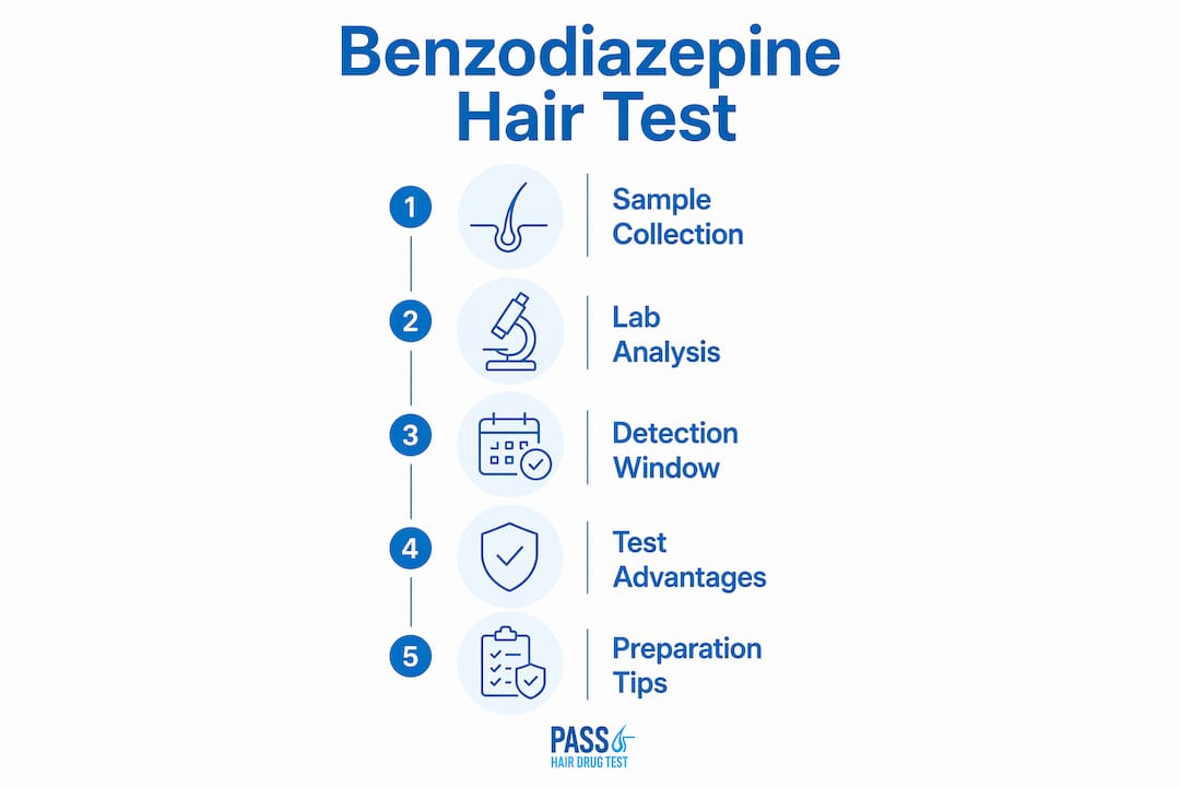 Infographic outlining benzodiazepine hair test process and facts
