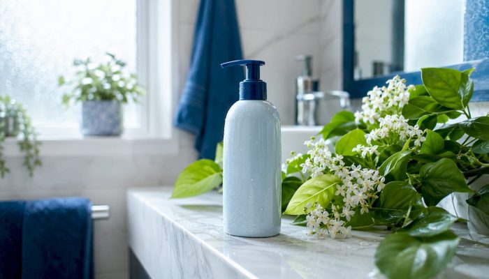 Hair detox shampoo bottle with aloe leaves and flowers