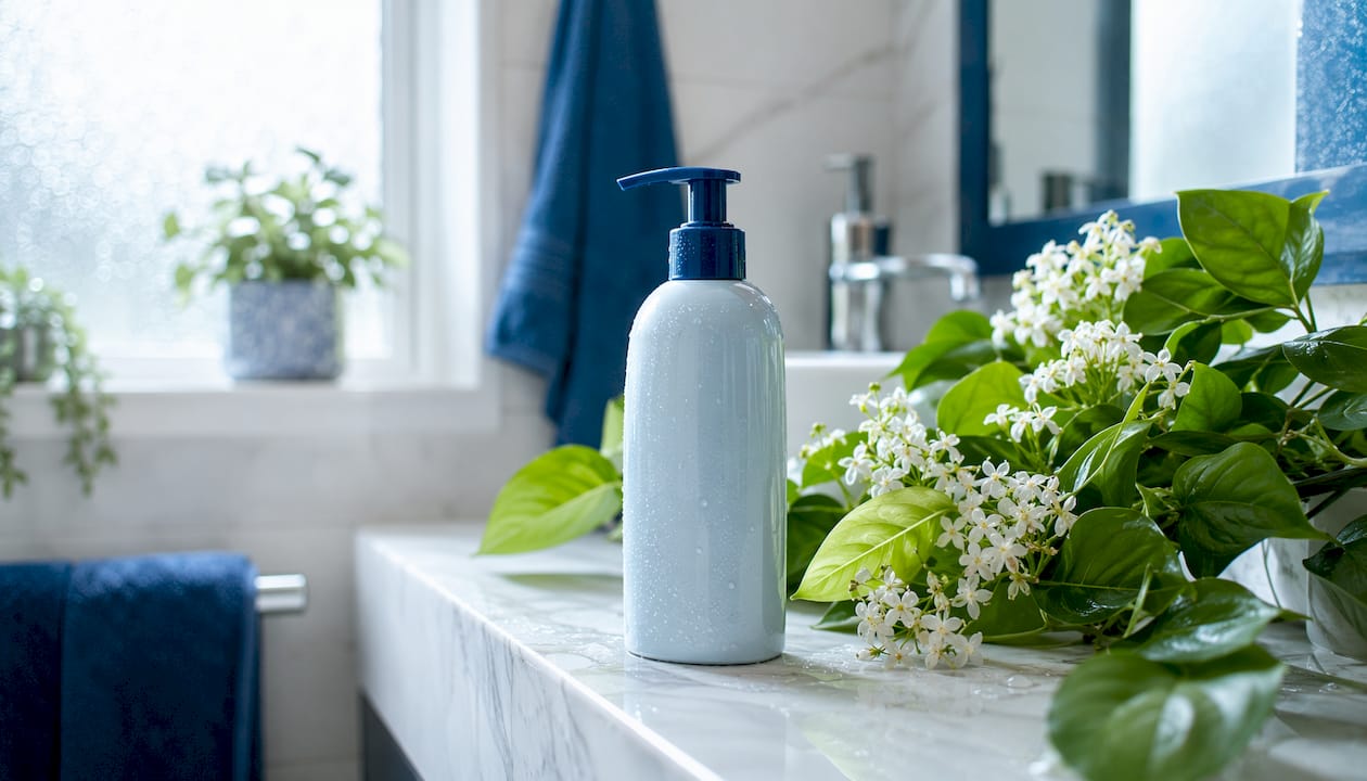 Hair detox shampoo bottle with aloe leaves and flowers
