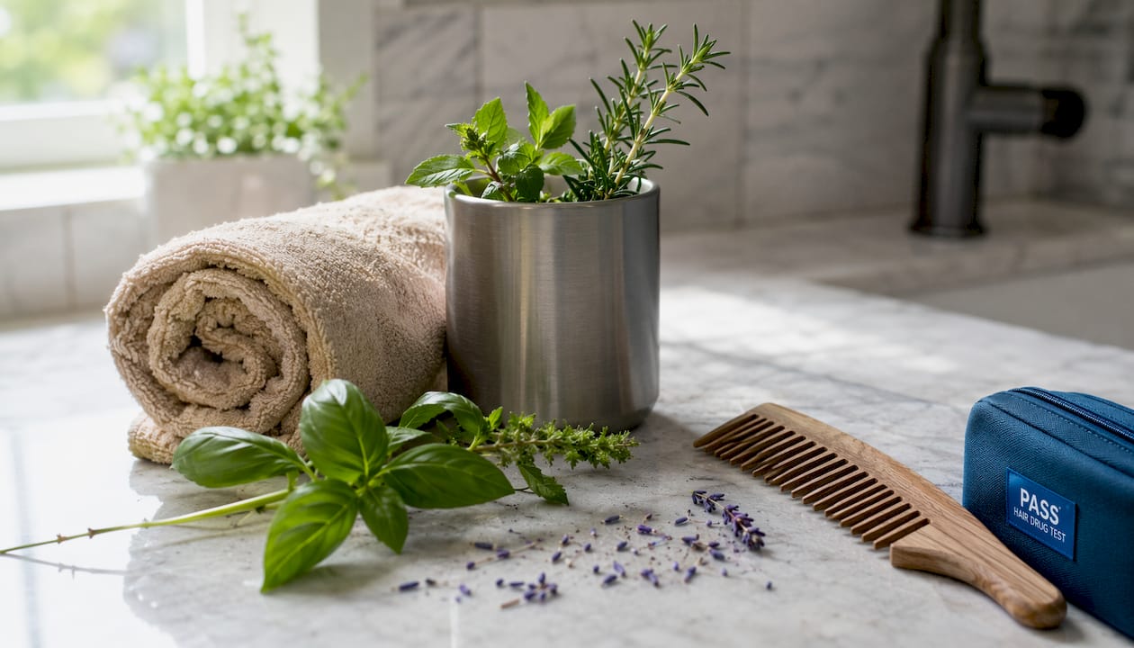 Overhead shot of natural hair cleansing tools on wooden vanity