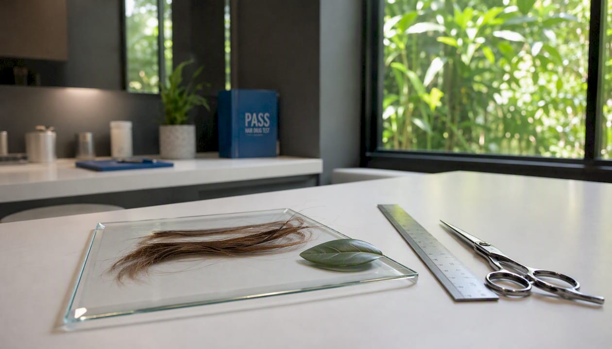 Hair strands and collection tools on wooden board in sunlit room