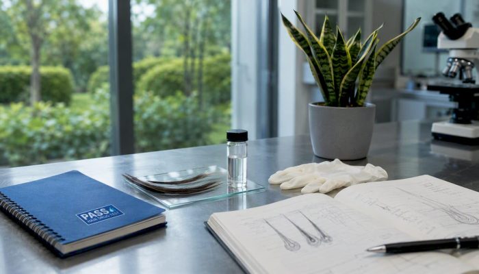 Close-up of hair sample and lab tools on wooden bench