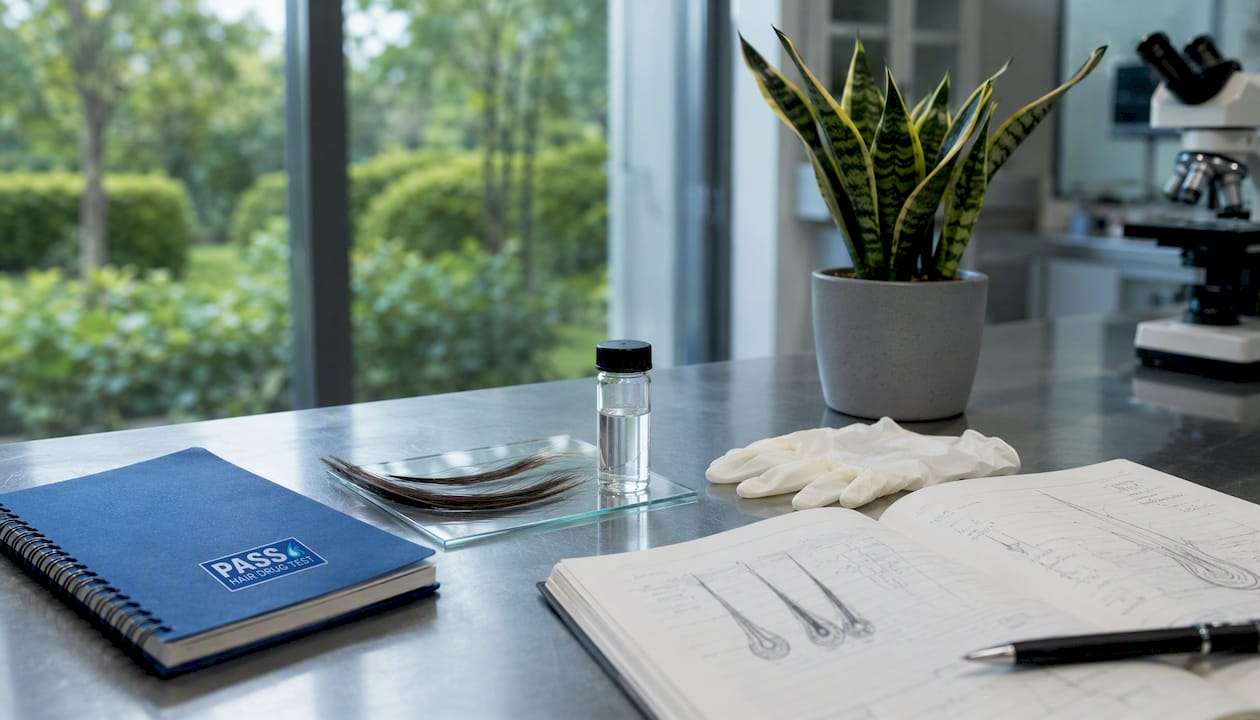 Close-up of hair sample and lab tools on wooden bench