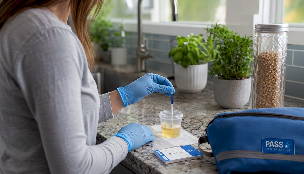Hands using urine drug test kit on wooden desk with bonsai