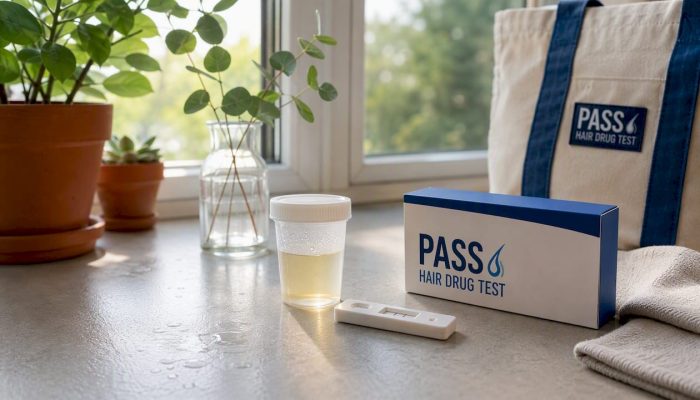 Home urine drug test kit on bathroom vanity with plants