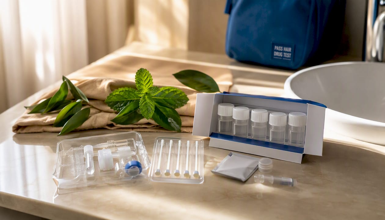 Home hair drug test kit with natural elements on wooden counter