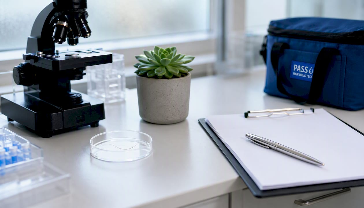 Laboratory tools with hair samples and green leaf on white bench