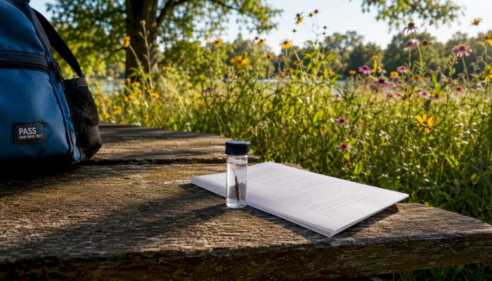 Hair sample vial on natural outdoor wooden table with leaves