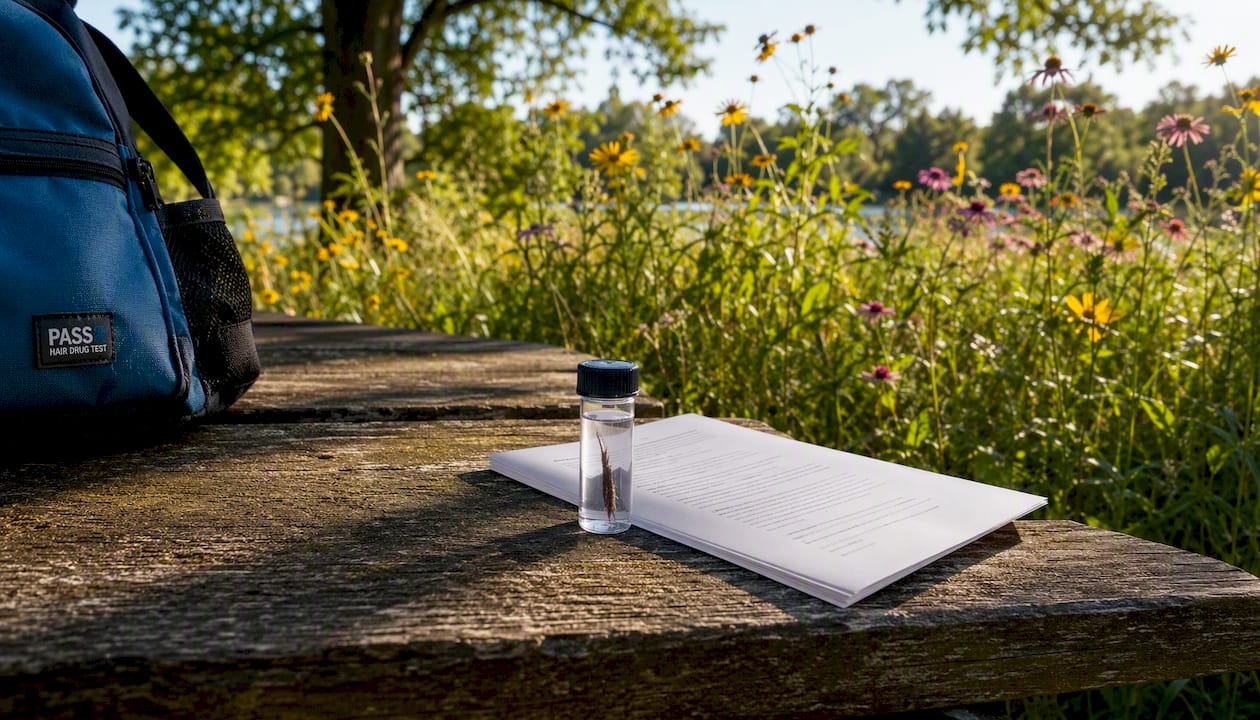 Hair sample vial on natural outdoor wooden table with leaves