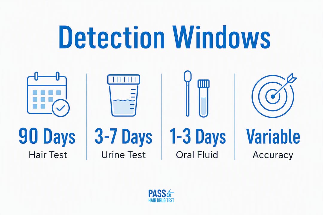 Infographic comparing drug detection windows in hair, urine, and oral fluid tests