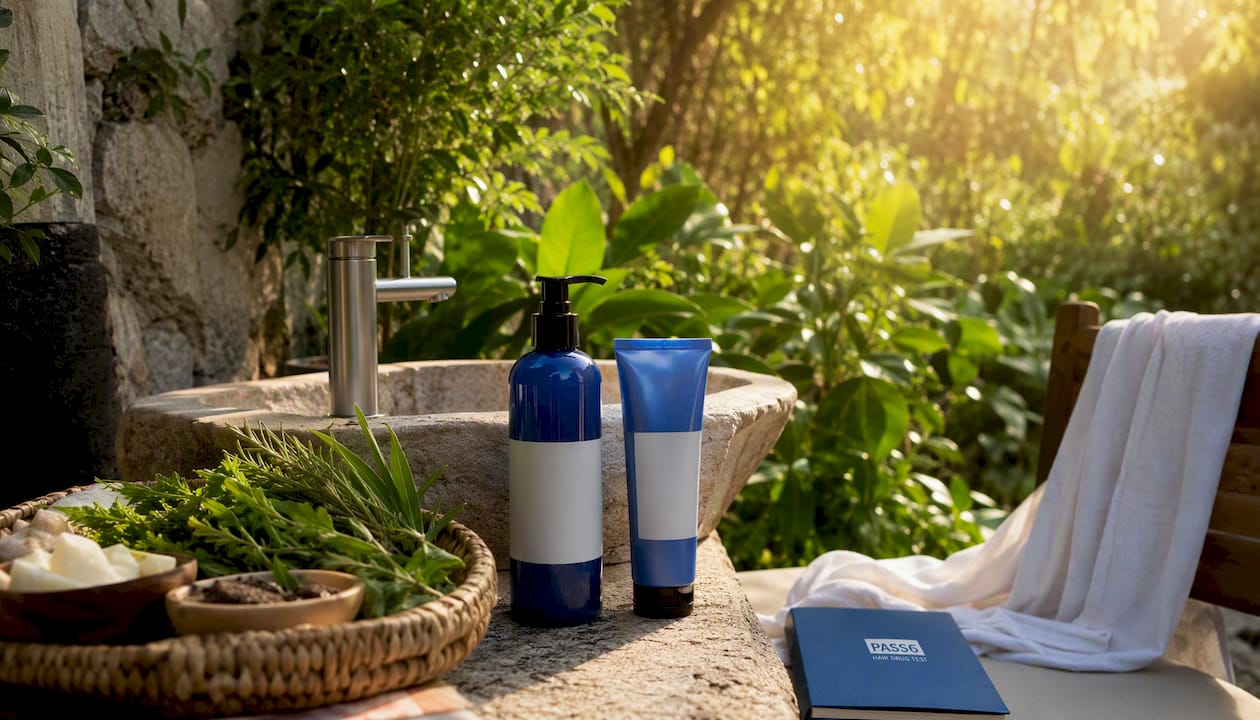 Detox shampoo products on bathroom countertop