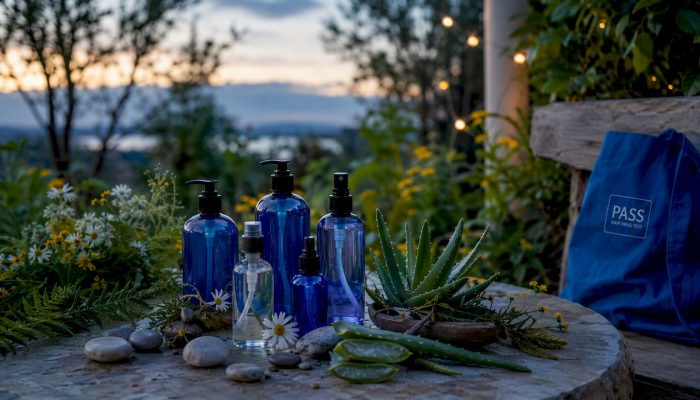 Detox shampoo bottles with leaves and water