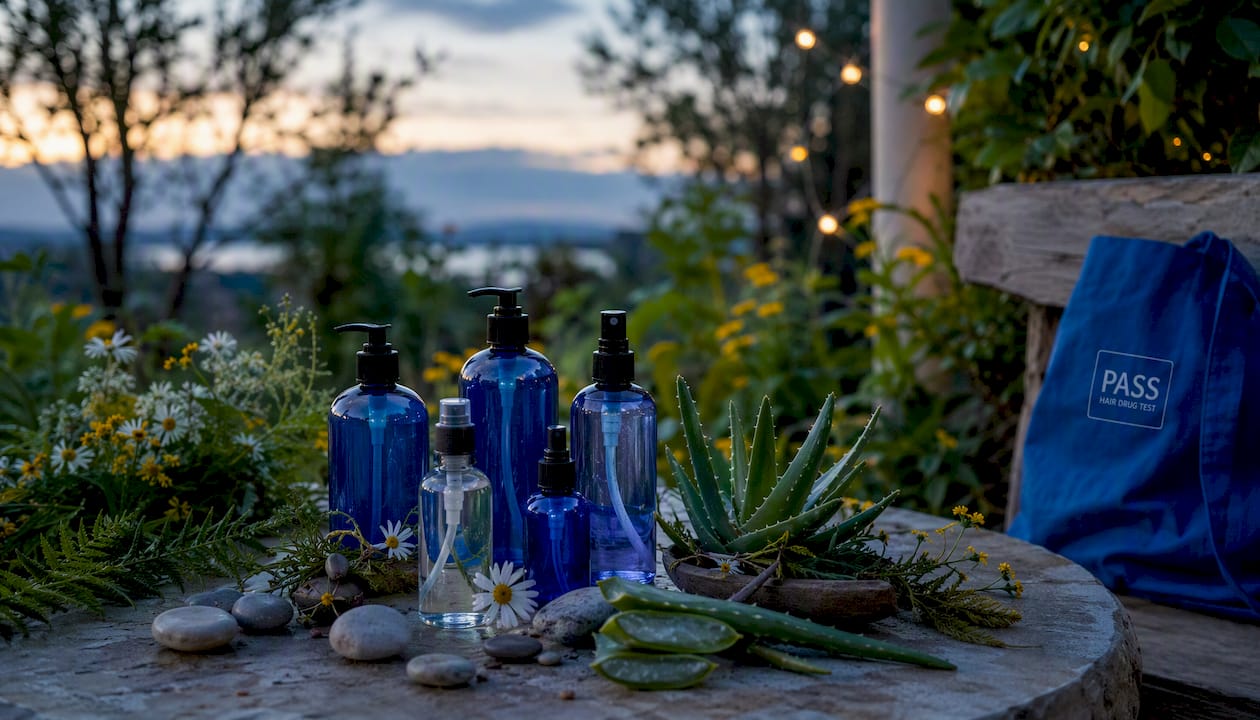 Detox shampoo bottles with leaves and water