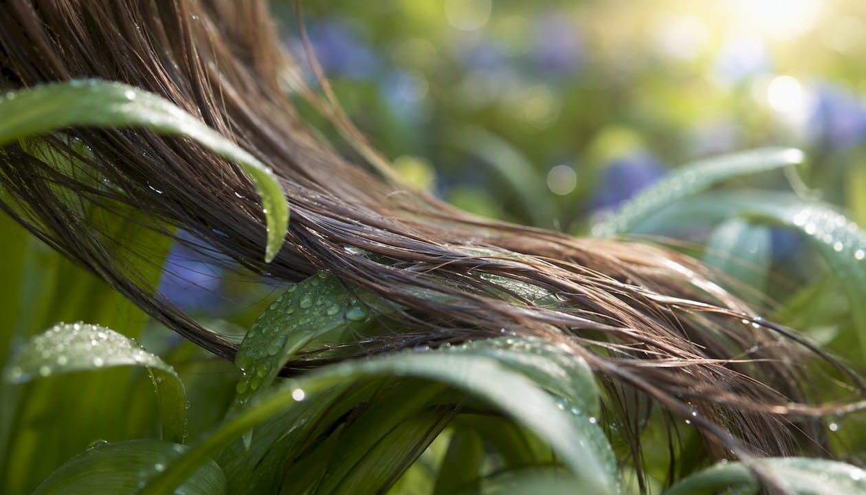 Close-up of hair strands with dew-covered leaves