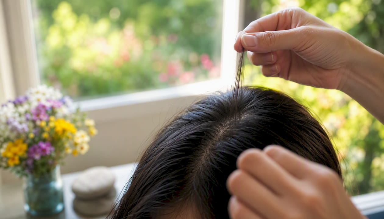 Close-up scalp hair sample collection with natural backdrop