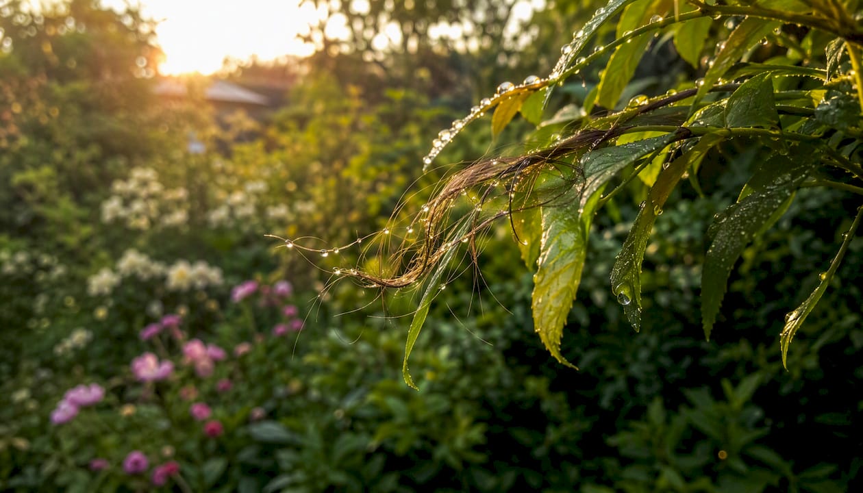 Close-up hair strand with dew in natural setting