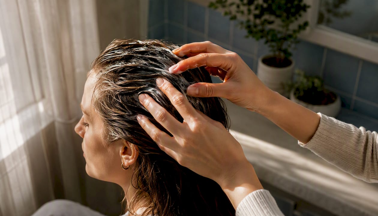 Hands applying hair purifier near scalp gently