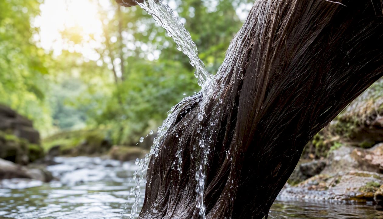 Water rinsing wet hair outdoors with leaves