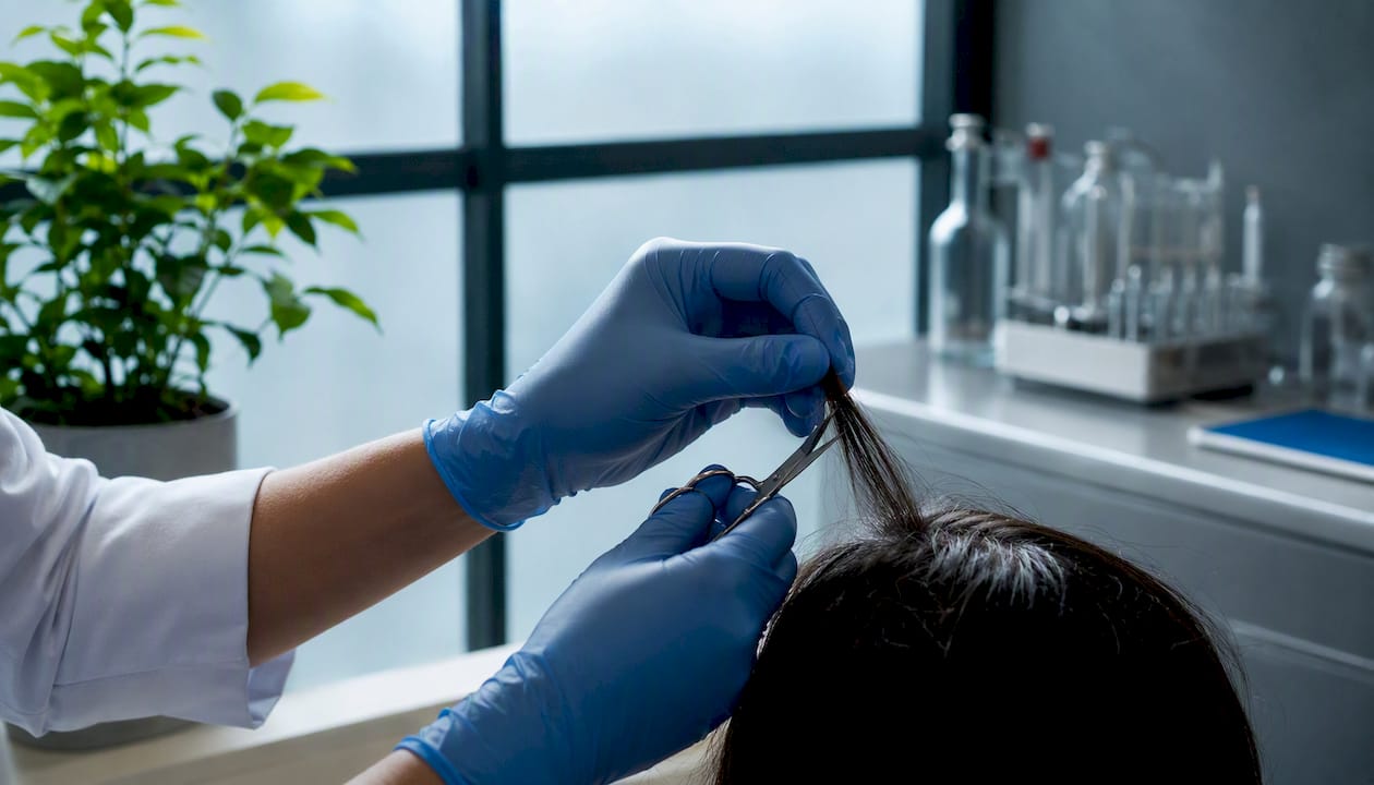 Hands cutting hair sample for drug test