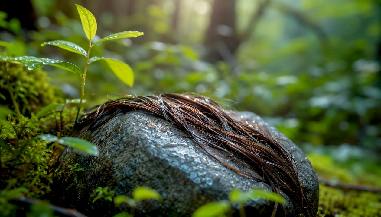 Cut hair strands with dew on leaf