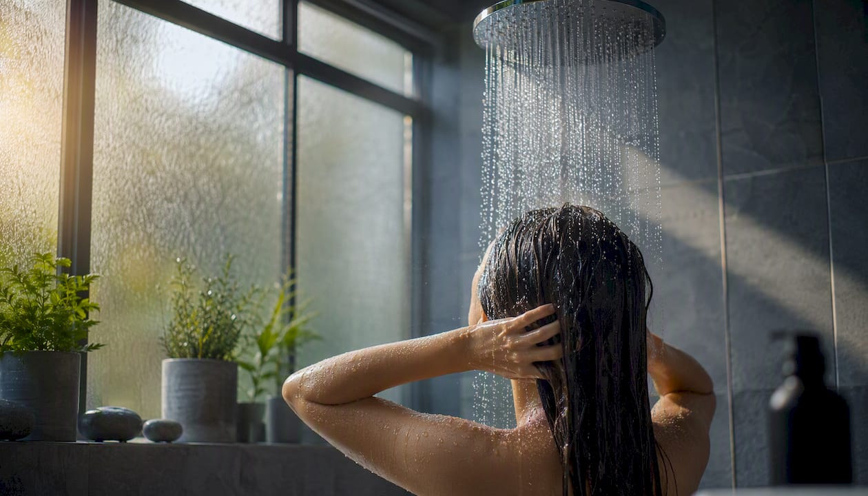 Hands rinsing hair with water and green leaves