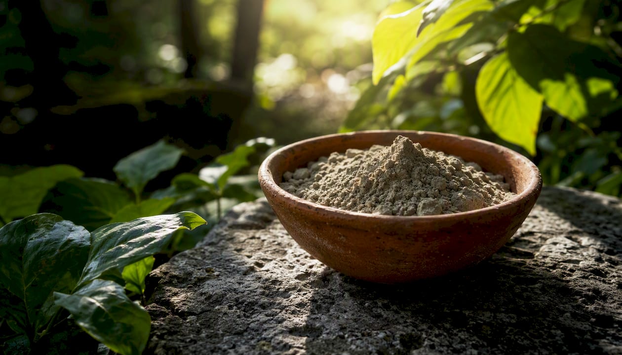 Bentonite clay powder with green leaves