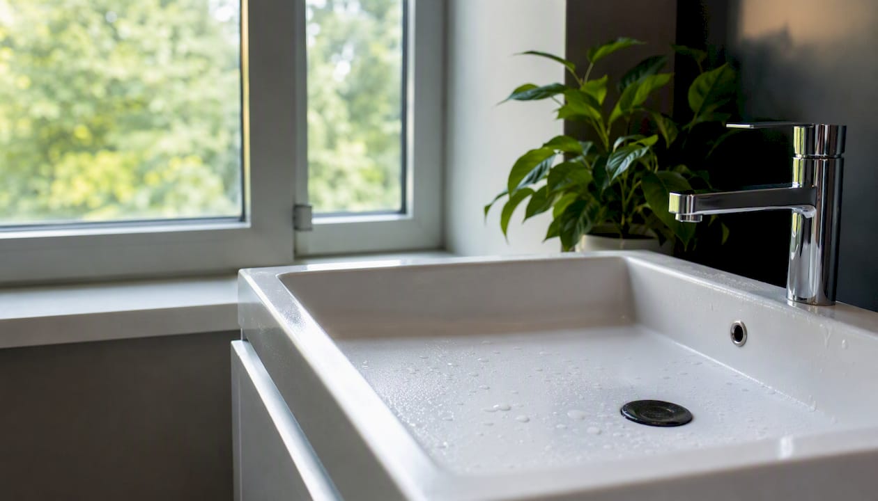 Empty bathroom sink with plant and natural light