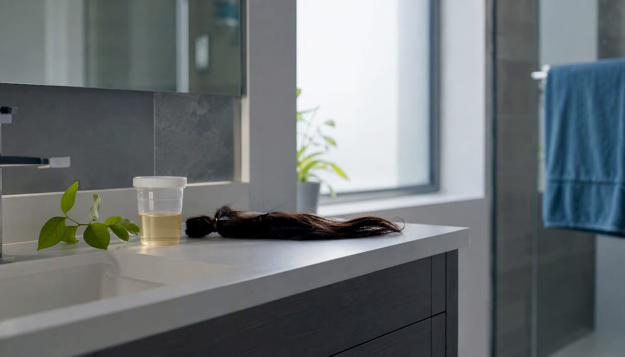 Hair strands and urine sample cup on bathroom counter