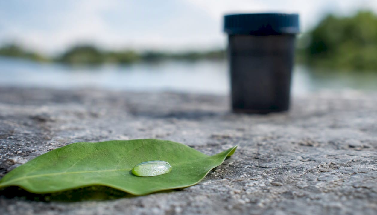 Water droplet on leaf with urine sample silhouette