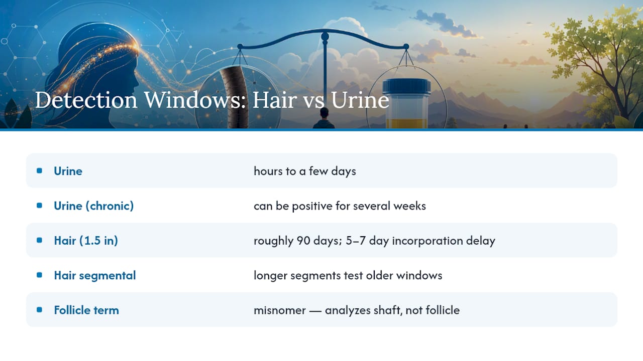 Detection windows comparison chart for hair and urine drug tests