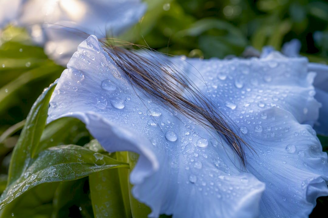 Hair strands on leaf with dew drops