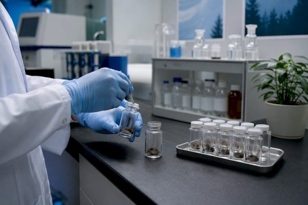 Gloved hands preparing hair samples in forensic lab