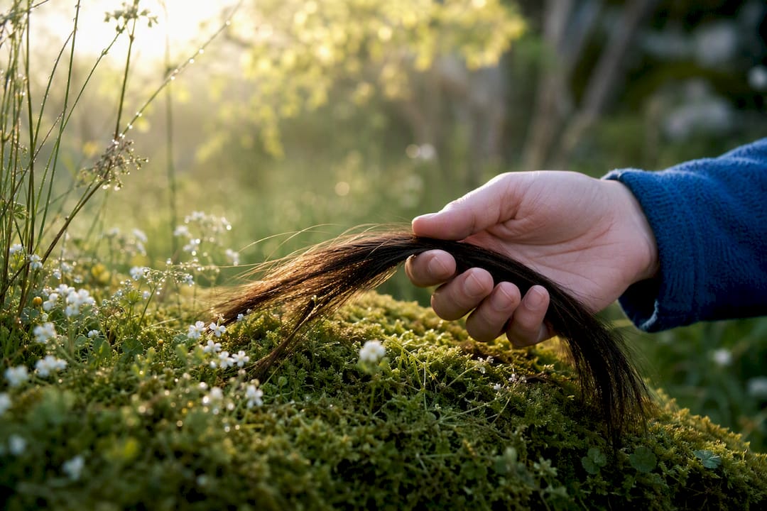 Hand holding hair strands on leafy branch with dew