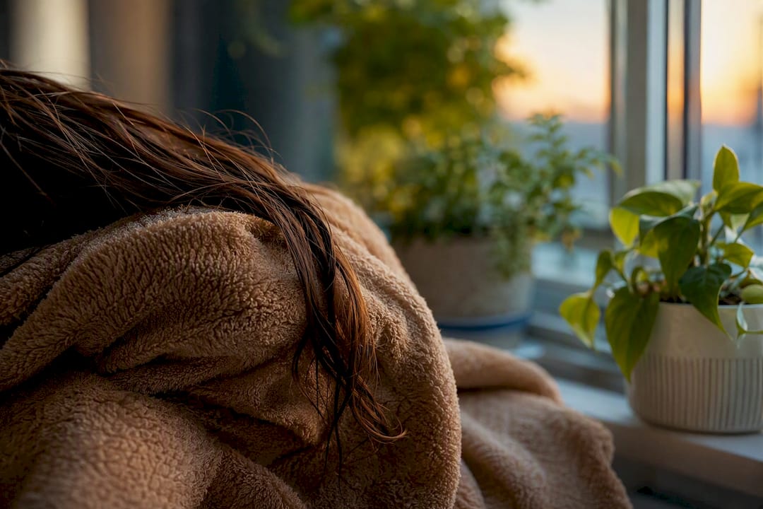 Hair being towel-dried near green leaves